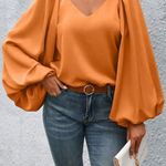 SheIn  Privé Lantern Sleeve Solid Blouse in Orange - Size M Photo 0