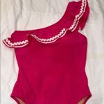 J.Crew  Seersucker Pink Ruffle One Shoulder White Swimsuit Size 8 NWT AJ650 Photo 2