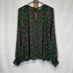 Modcloth  Green &‎ Pink Floral Metallic Sheer Long Sleeve Blouse Size M Photo 3