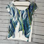 Calvin Klein Jeans Women's Blue Feather Print Top SZ Petite S Crew Relaxed Fit White Photo 6