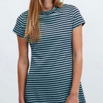 FP Beach Free People Beach On The Line Ponte Mini Dress Large Navy Mint Striped Casual Photo 0