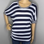 Andrea Jovine Scoop Neck Striped Short Sleeve Shirt Navy Blue White Size Medium Photo 0