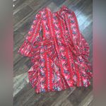 Mikael Aghal Pleated Ruffle Floral cocktail spring Georgette Dress formal 450$ Red Size 12 Photo 5