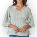 Entro  Women’s Top Light Sage Green Boho Blouse with Crochet Eyelet Lace Trim M Photo 0