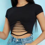 Black Solid Distressed Short Sleeve Tee T Photo 2