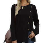 None Black Ribbed Asymmetrical Button Detail Long Sleeve Top Size L Photo 0
