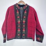 ICELANDIC DESIGN‎ Burgundy Red Floral Knit Wool Cardigan Sweater Jacket Size Med Photo 0
