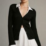 Anthropologie Maeve  Black Layered Ribbed Cardigan Buttoned White Sleeve Blouse Photo 0