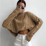 Cable Knit Turtleneck Oversized Sweater Tan Photo 0