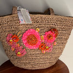 Floral Embellished Brown Woven Tote Bag beaded and bedazzled with floral accents Photo 0