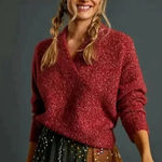 Anthropologie  Frances Shimmer‎ Cropped Sweater Red Motif Cabernet Size Small Photo 0