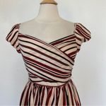 Anna Sui Beige Striped V-Neck Off The Shoulder Silk Dress Photo 1