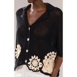 ZARA  Womens Button Front Asymmetric Crochet Knit Polo Top‎ Black Cream Large Photo 2