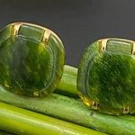 Vintage Unsigned Faux Jade Square Green Resin? Stud Post Earrings 3g Photo 0