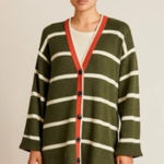 Sundry  Striped Cardigan Wool Blend Button Olive Ivory w/Orange Detail Small Photo 0
