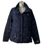Hollister  Navy Blue and Red Feather Stuffed Puffer Jacket | Size Medium Photo 0