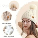 Winter Cozy Warm Pom Pom Black Beanie Hat Cable Knit Fleece Lined Ski NWT Photo 2
