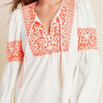 Anthropologie ‎ Maeve Louisa Peasant Top Textured Cream Neon Coral Size Medium Photo 0