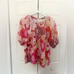 Umgee  Crimson Kissed Top Puff Sleeve Blouse Floral Flowers Pink Red Size Large Photo 2