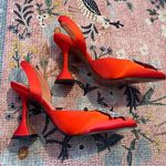 Red Satin Heels With Bling Emblem Size 7.5 Photo 3