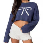 Edikted Knit Bow Cropped Sweater Women's XS/S Navy Boho Dainty Coquette Girl Photo 0