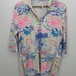 Lulu B Golf Shirt Womens Size M 1/2 Sleeve Tunic Quarter Button Front Printed White Size M Photo 0