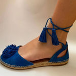 Aquazzura Sunshine‎ Royal Blue Suede Lace Up Pom Pom Tassel Espadrilles Size 36 Photo 0