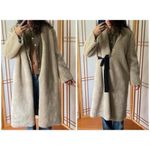 H&M  Cream Beige Faux Fur Suede Lined Coat Black Contrast Waist Tie Size Large Photo 4