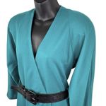 VTG 80s Wrap Midi Dress Belted Long Sleeve V Neck Shoulder Pads Teal Women’s 12 Blue Photo 3