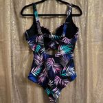 Swimsuits For All Black Pink Blue Tropical Leaf Print One Piece Monokini Size 14 Photo 1