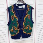 Jantzen Vintage 80s Baroque Equestrian V Neck Sweater Vest Blue Small Photo 6