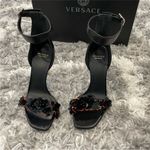 Versace Black and Orange Fiore Paillettes Leather Sandals 35 Photo 1