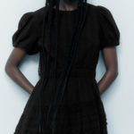 ZARA  Black Eyelet Ruffle Mini Dress Size Large Cotton Boho Whimsygoth Preppy Photo 0