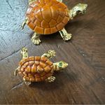 Vintage (2) Turtle Brown Shell Green Eyes Gold‎ Tone Pin Brooch Set Photo 4