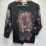 Rhinestone Merlot Wine Napa Valley Motif on Black 100% Cotton 3/4 Sleeve Top Size L Photo 0