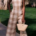 Gal Meets Glam  Bailey Gingham Linen Wide Leg Jumpsuit In Natural‎ Sz 2 NWT Photo 0
