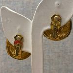 Unique Gold Tone Clip On Oval Earrings Tribal Design Geometric Textured Jewelry Photo 4