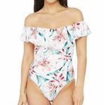 La Blanca  Orchid Floral White One Piece Swimsuit Off Shoulder Size 14 Slimming Photo 0
