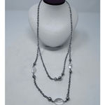 Source Unknown Double Silver Blouse Necklace Clear and Silver Beads 14 1/2"‎ Long Photo 2