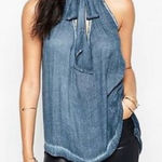 Free People Free‎ People Large Blue Tie Neck Sleeveless Lightweight Rayon Tank Photo 0