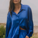 Daily Drills  Satin Coblat Blue Button Top Photo 0