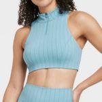 JoyLab NWT  Women’s High Neck Zip-Up Sports Bra Striped Light Aqua Blue Photo 0