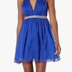 Minuet Royal Blue Cocktail Evening Halter Dress with Beaded Straps & Open Back Photo 1