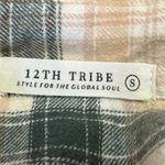 12th Tribe Green Beige Plaid Checkered Flannel Button Down Shirt Blouse Top Sz S Photo 2