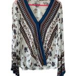 Charming Charlie Krazy Kat Floral Cream and Blue Surplice Long Sleeve Blouse M Photo 0