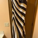 La Femme  white, gold, & black striped sequin open back one shoulder gown Photo 0