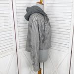 American Eagle Plaid Hoodie Crop Button Up Shirt Grey XS Distressed Shacket Photo 3