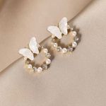 Faux Diamond‎ & Pearl White Butterfly Gold Plated Stud Earrings Photo 2