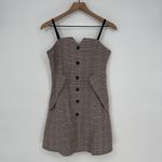 Plaid Button Front Mini Dress Sweetheart Neckline Adjustable Straps Pockets Brown Photo 1