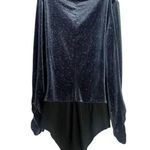 ZARA Velvet Glitter Ruched Longsleeve Mock Neck Bodysuit Snap Crotch M Navy Blue Photo 13